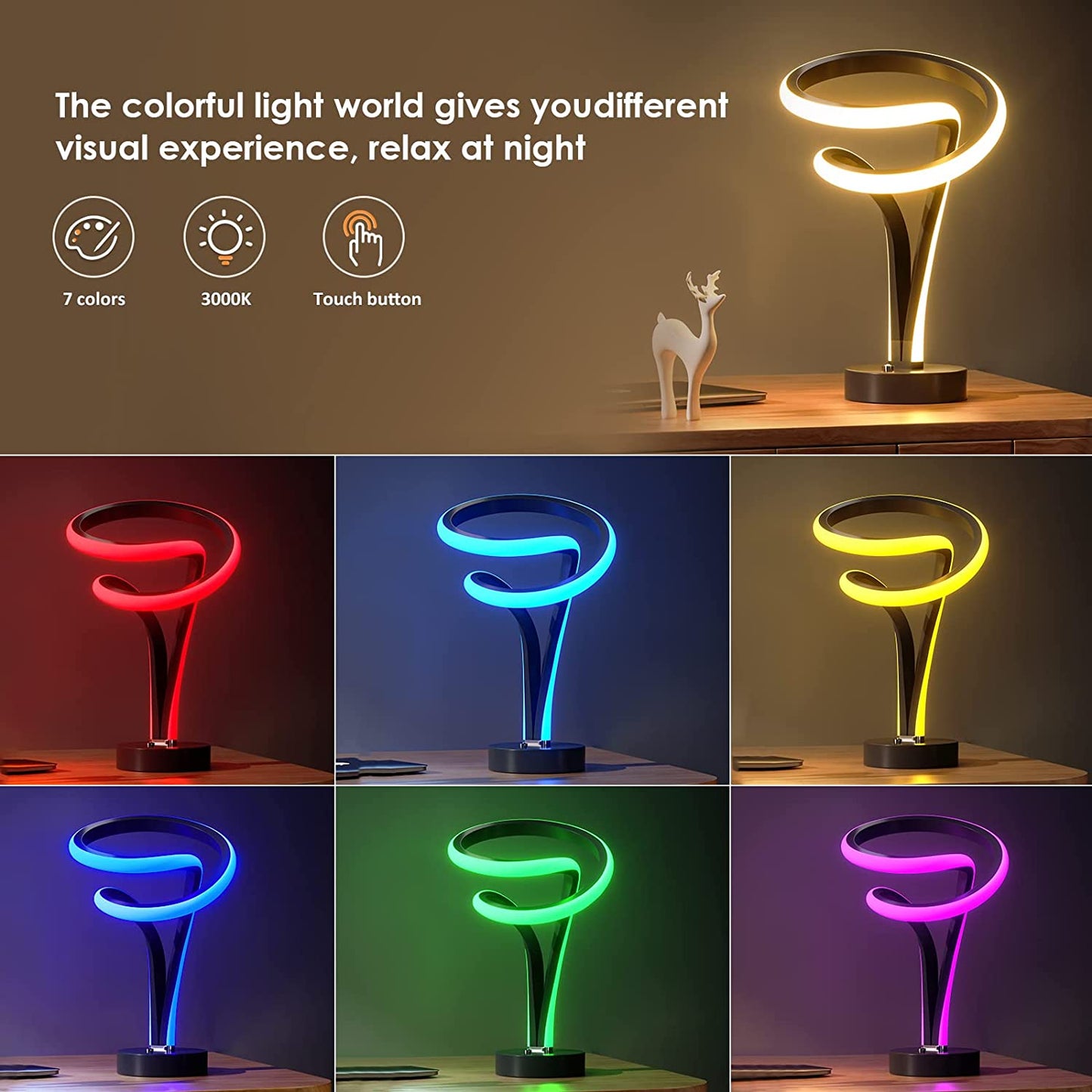 Modern Spiral RGB Table Lamp, 7 Colors 10 Light Modes LED Nightstand Lamp, Touch Dimmable- Black