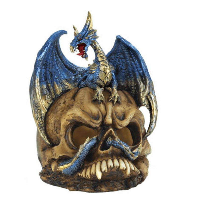 Spiny Tailed Blue Dragon And Menacing Skull Statue Home Decoration