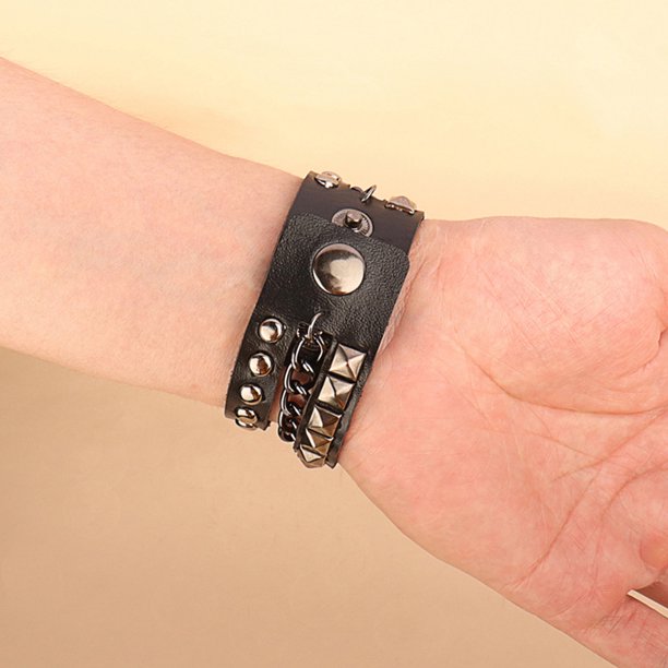 Goth Punk Bracelet Leather Spike Stud Wristband Multilayer Chain Rivets Bracelet