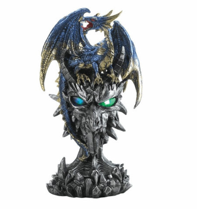 Metallic Blue Fierce Dragon Warrior Statue With Prey's LED Light Eyes Home Decoration