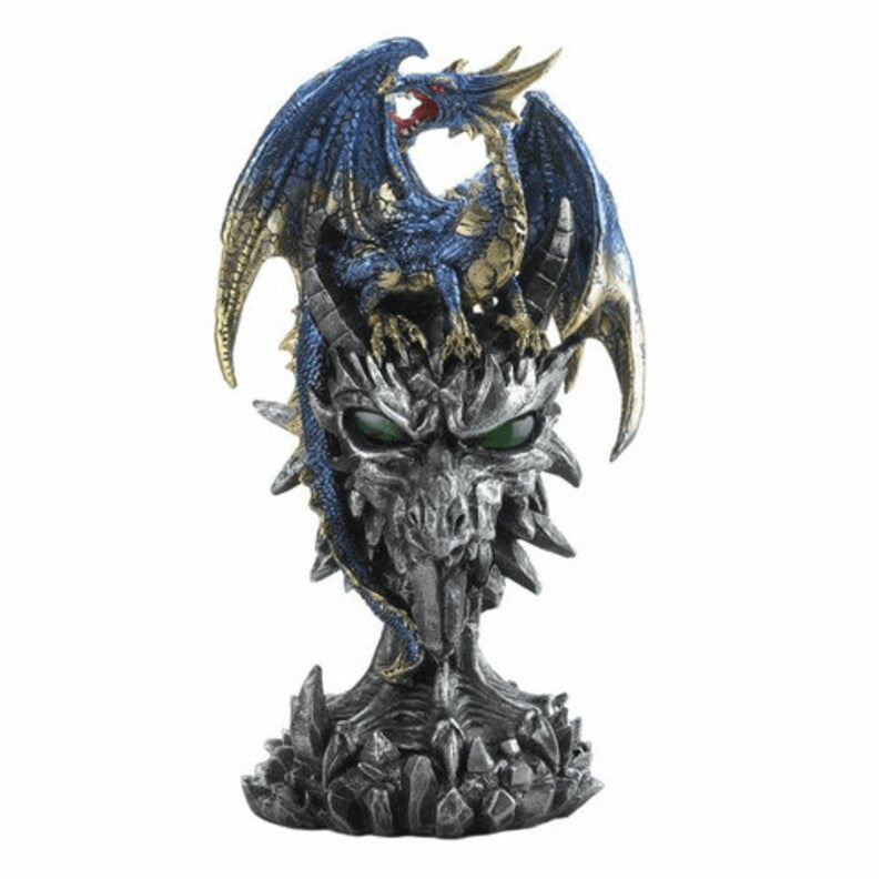 Metallic Blue Fierce Dragon Warrior Statue With Prey's LED Light Eyes Home Decoration