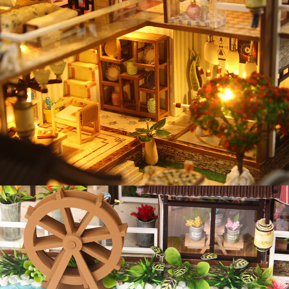 Villa Courtyard DIY Miniature Wooden Furniture Kit Model LED Light Home Decor