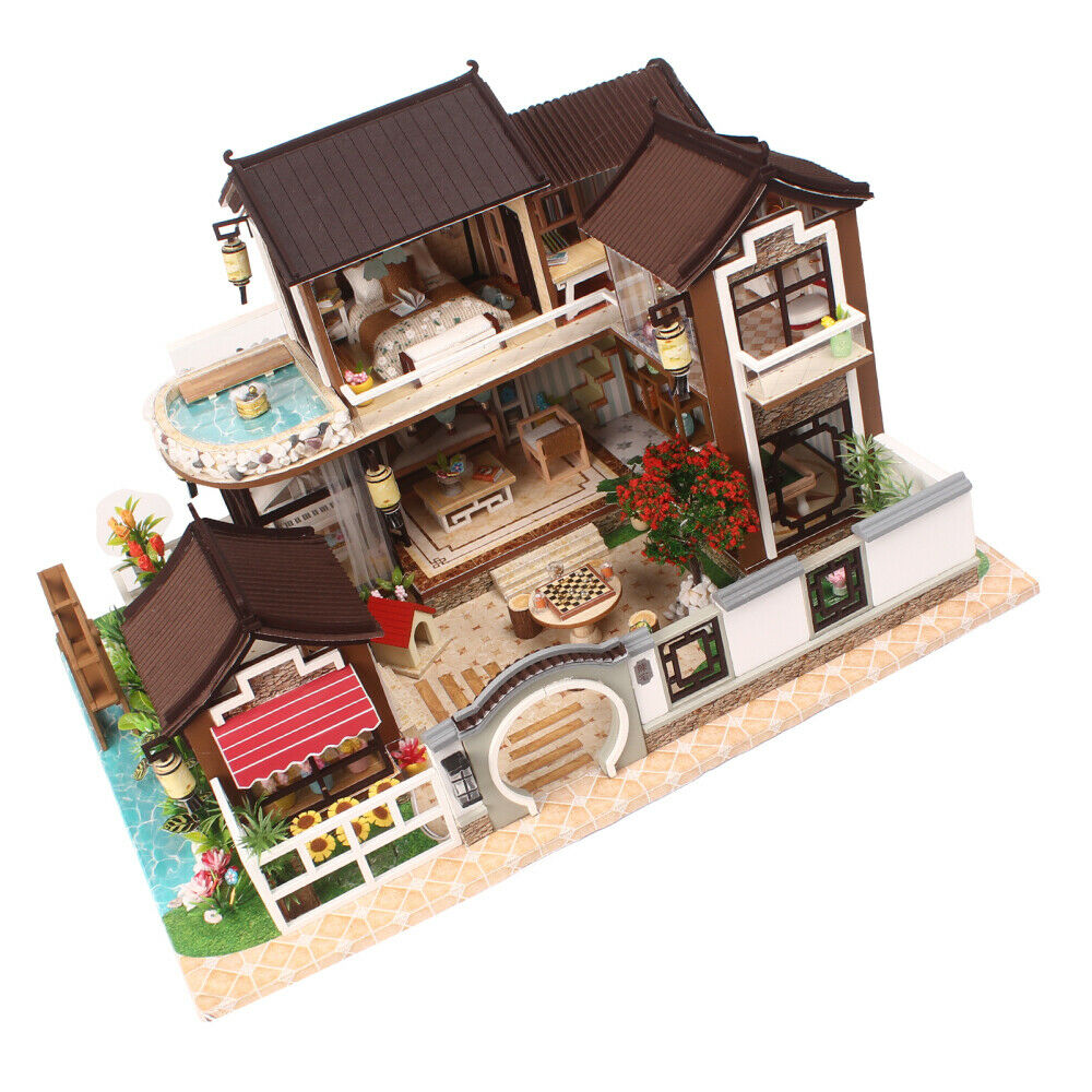 Villa Courtyard DIY Miniature Wooden Furniture Kit Model LED Light Home Decor