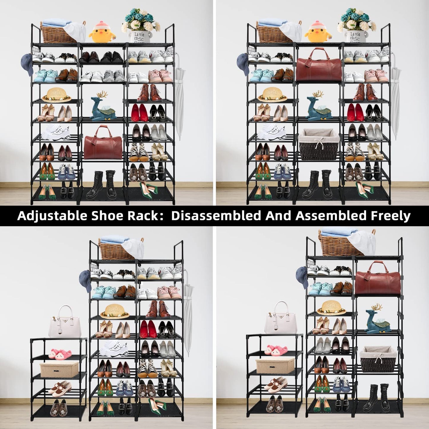 Large Metal Shoe Rack, 50-55 Pairs w/ Hooks-Black