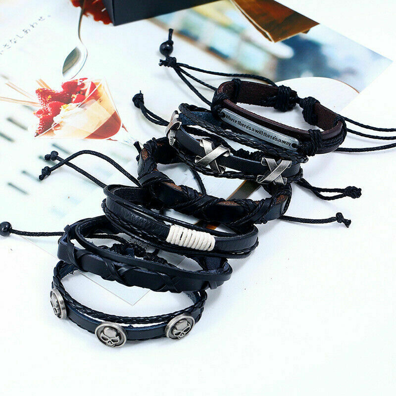 Bangle gothic Leather Bracelet Set Black brown Tribal Cuff Wristband Men Women