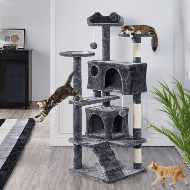 54.5" Double Condo Cat Tree w/ Scratching Post Tower- Dark Gray