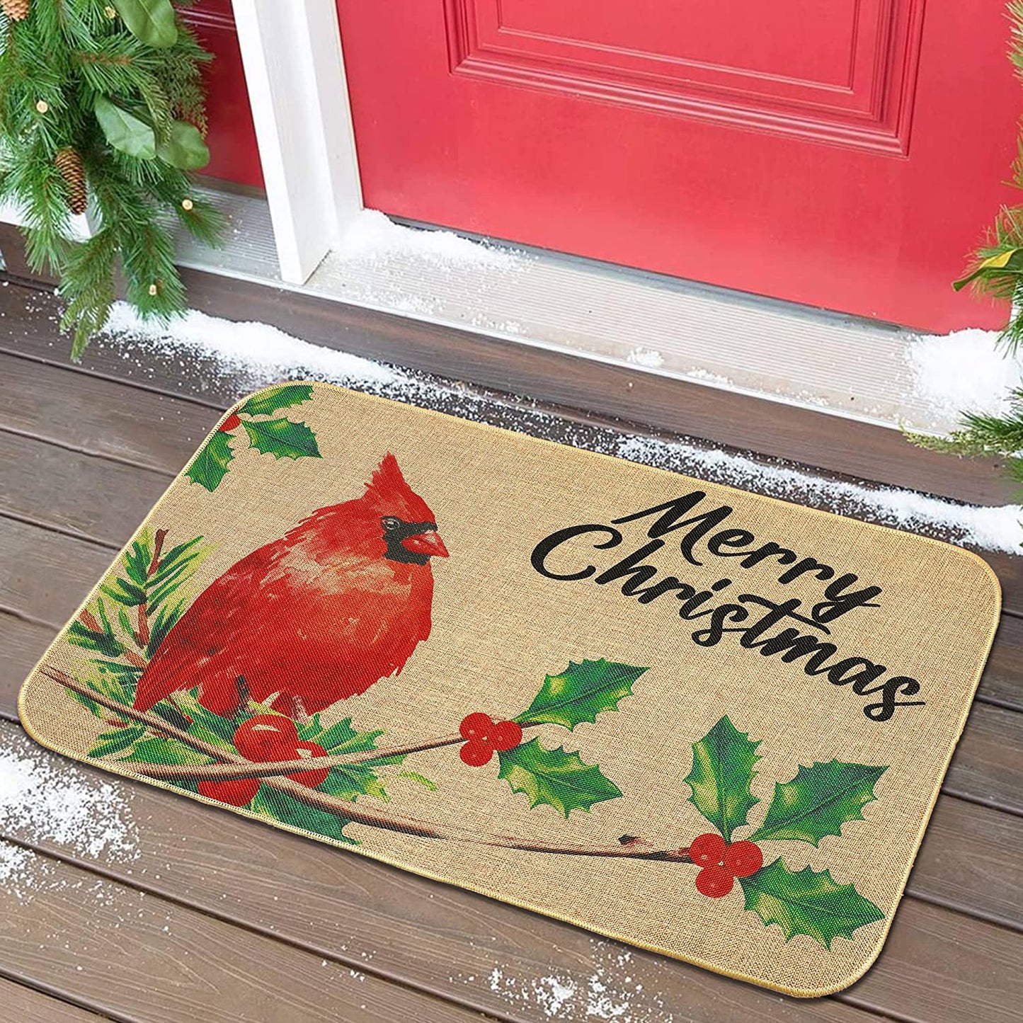 Christmas Door Mat Cardinals Mat Non-Slip and Washable