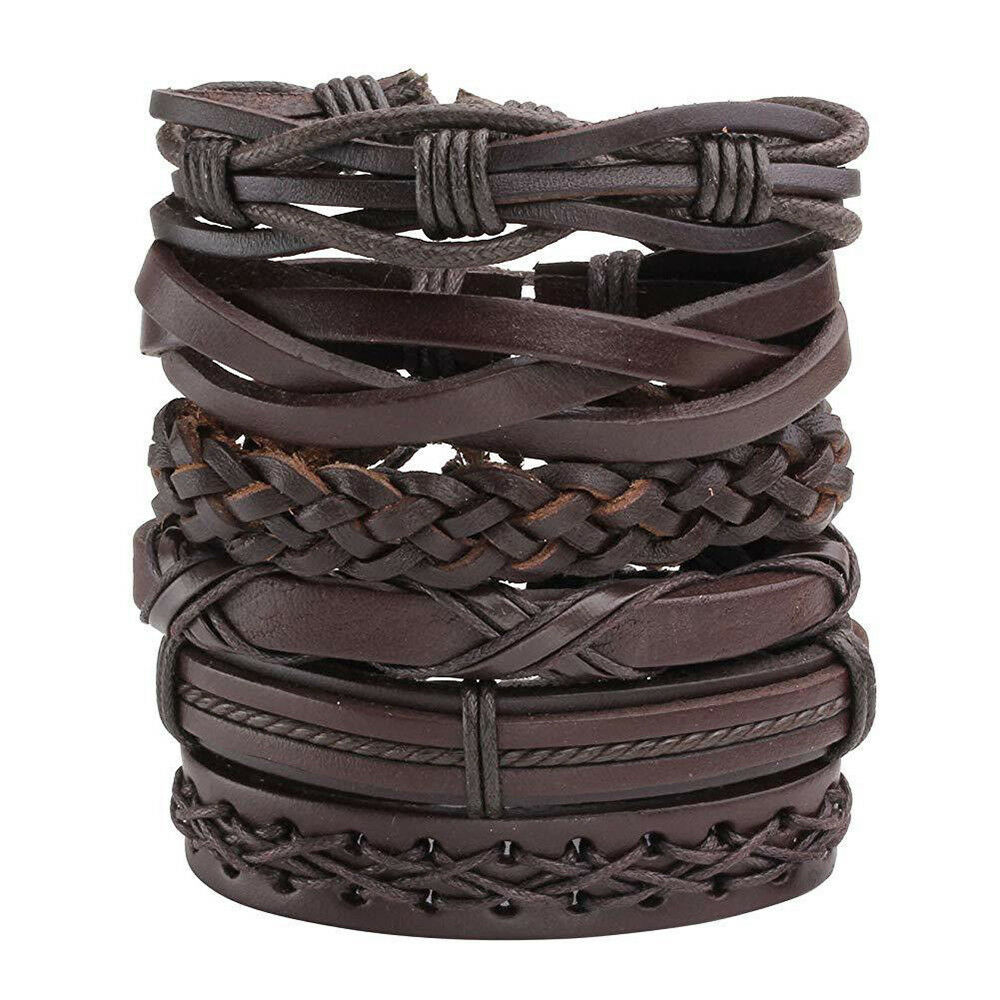 6pack Men Women Brown Braided Leather Bracelet for Cuff Wrap Wristband Set