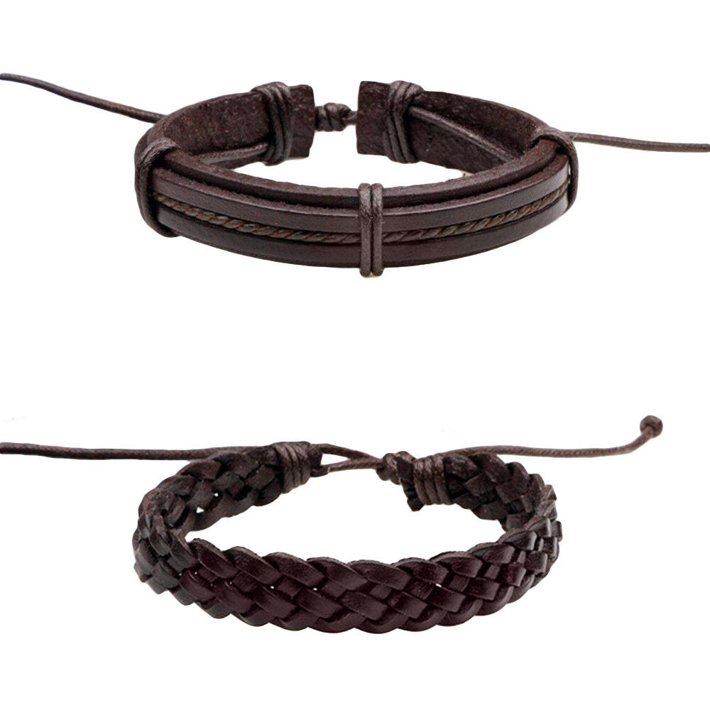 6pack Men Women Brown Braided Leather Bracelet for Cuff Wrap Wristband Set