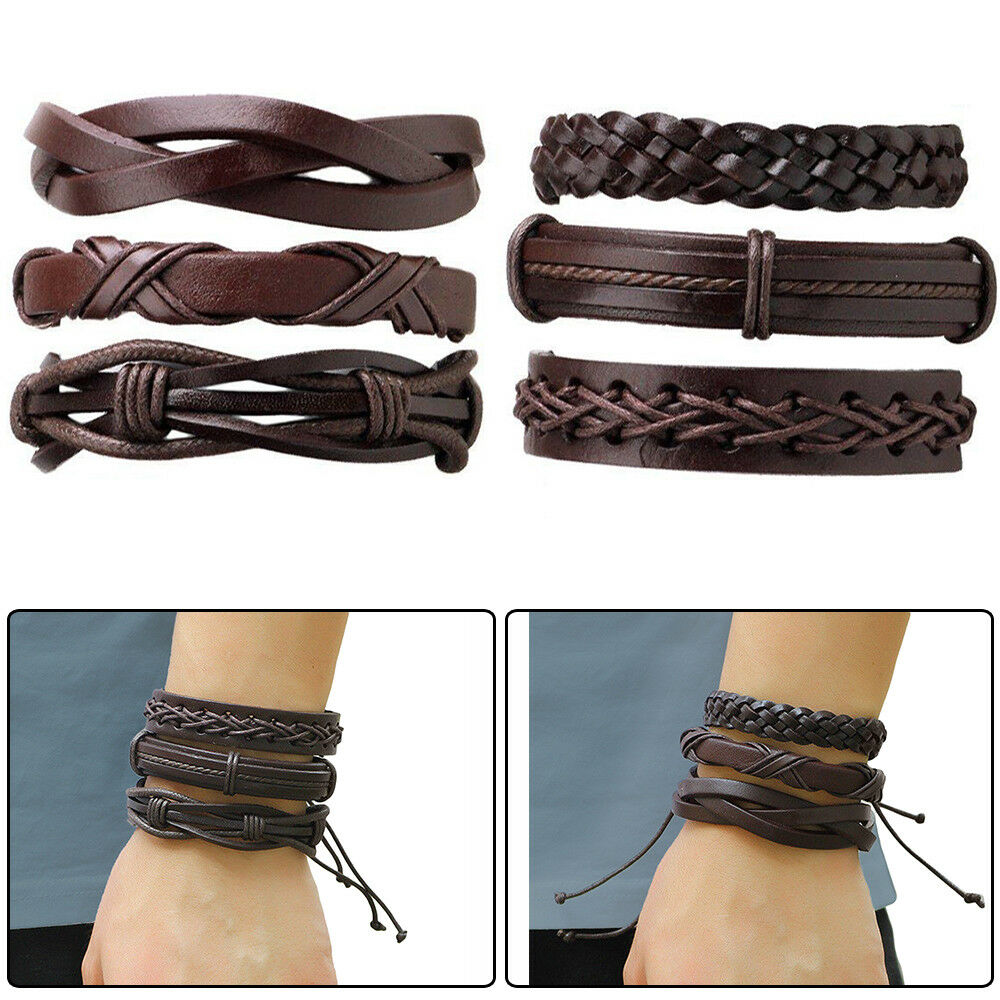 6pack Men Women Brown Braided Leather Bracelet for Cuff Wrap Wristband Set