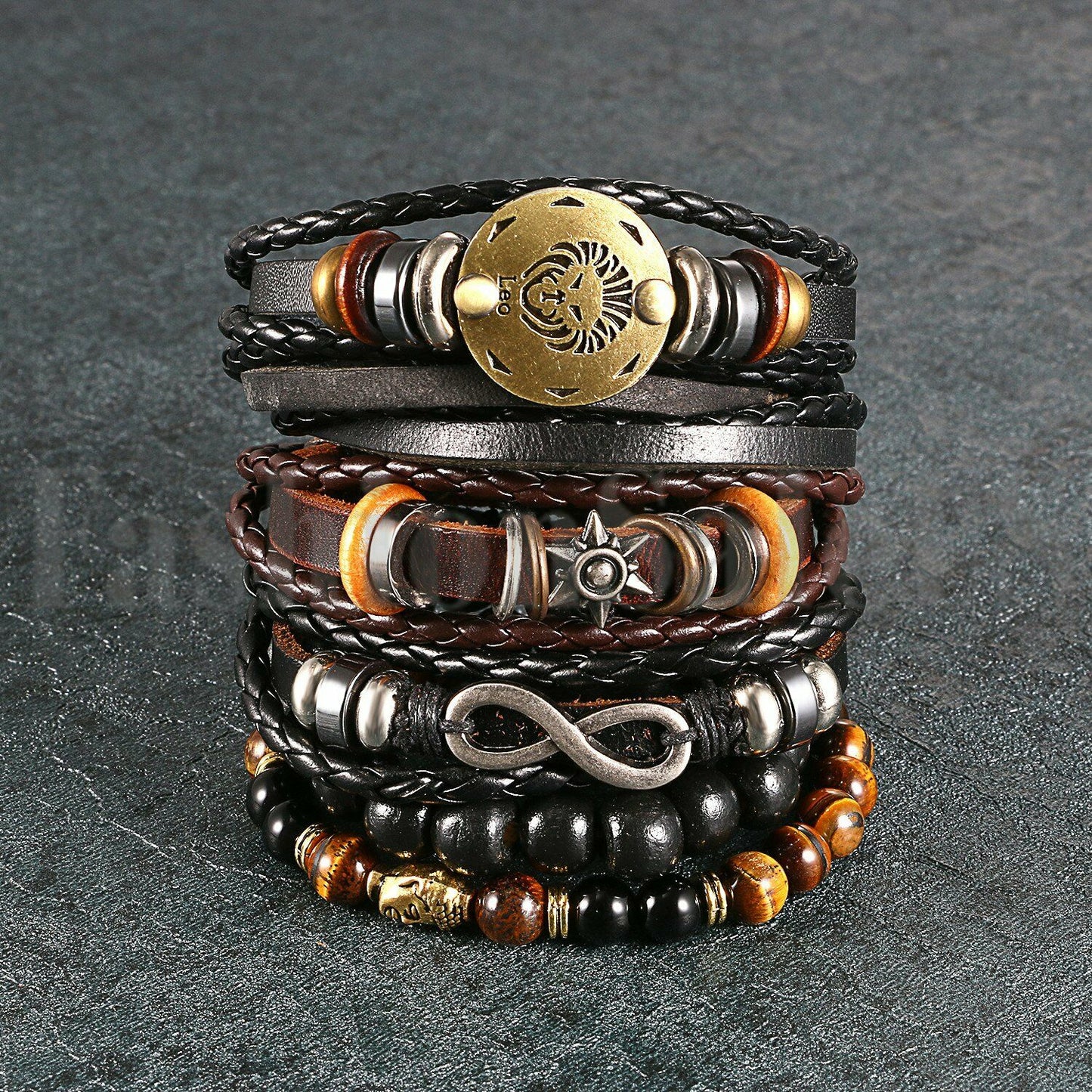 6pcs Black Brown Tribal Leather Beaded Cuff Wristband Bracelet for Men Women Set