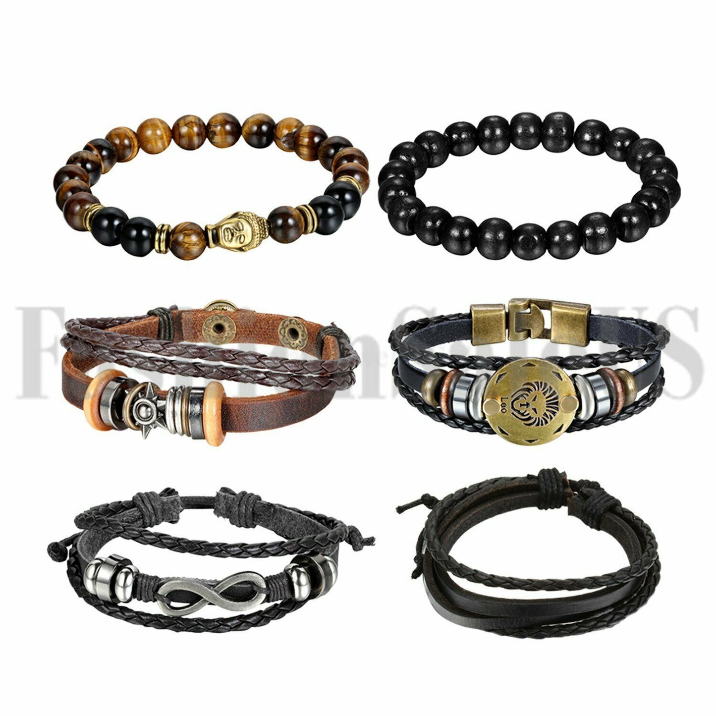 6pcs Black Brown Tribal Leather Beaded Cuff Wristband Bracelet for Men Women Set