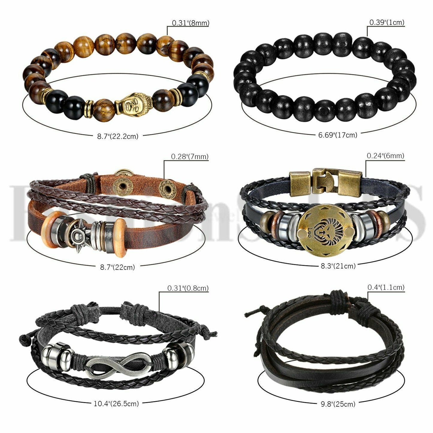 6pcs Black Brown Tribal Leather Beaded Cuff Wristband Bracelet for Men Women Set