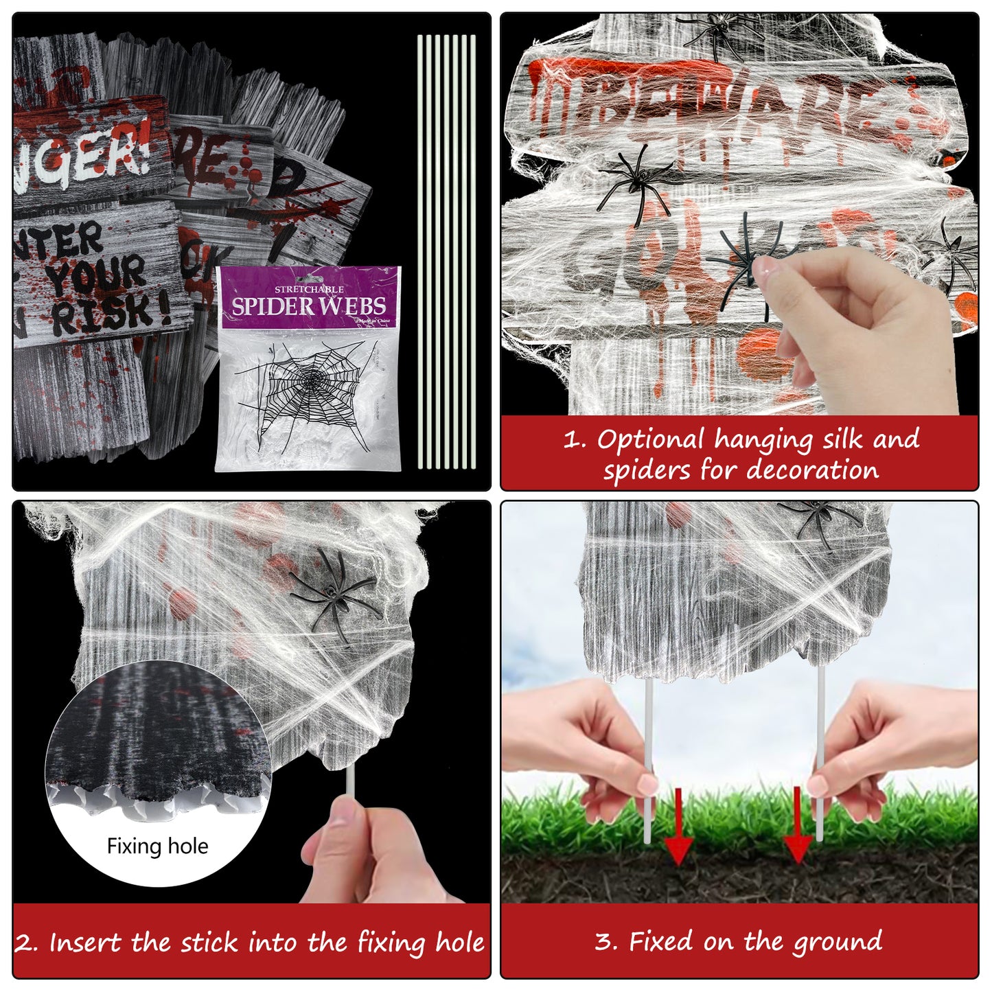 Halloween  Outdoor Yard Signs Stakes w/ 20g Cobwebs & 18 Pcs Small Spider