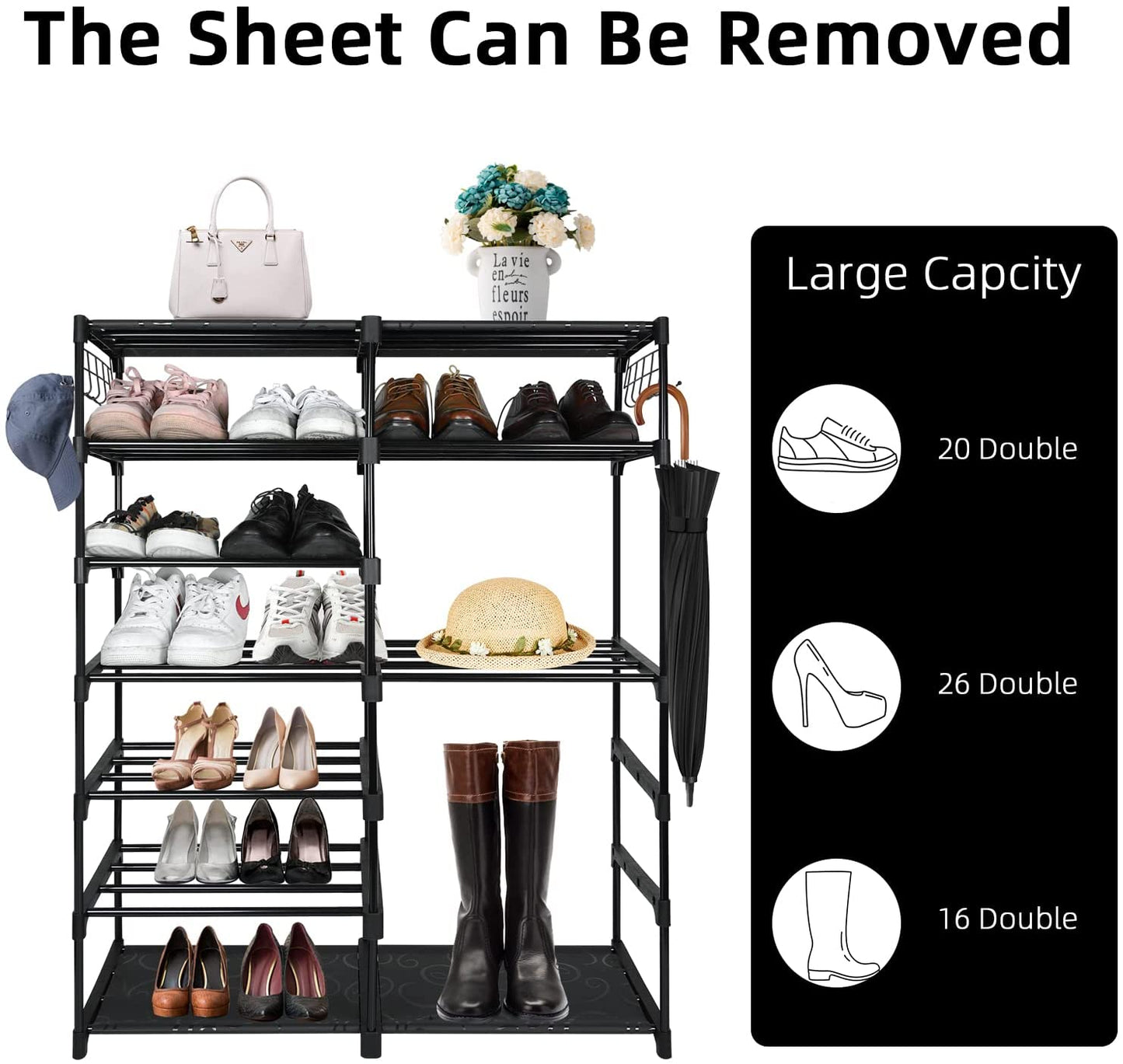 Large Metal Shoe Rack, 50-55 Pairs w/ Hooks-Black
