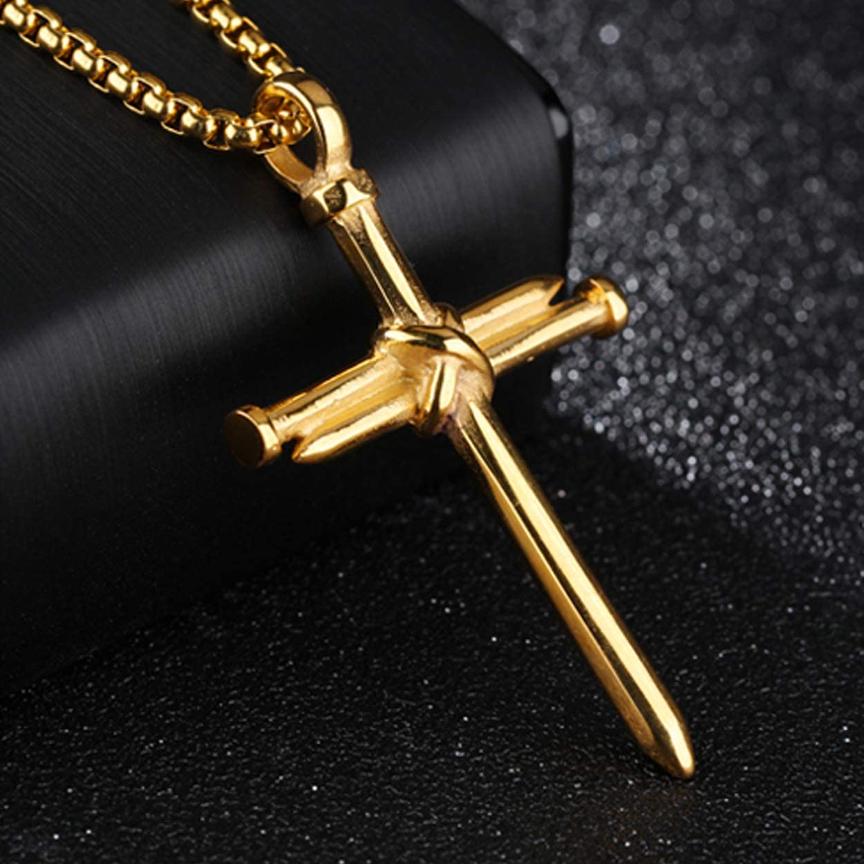 Men's Stainless Steel Nail Cross Pendant Necklace with 24 Inch Chain Polished Gold