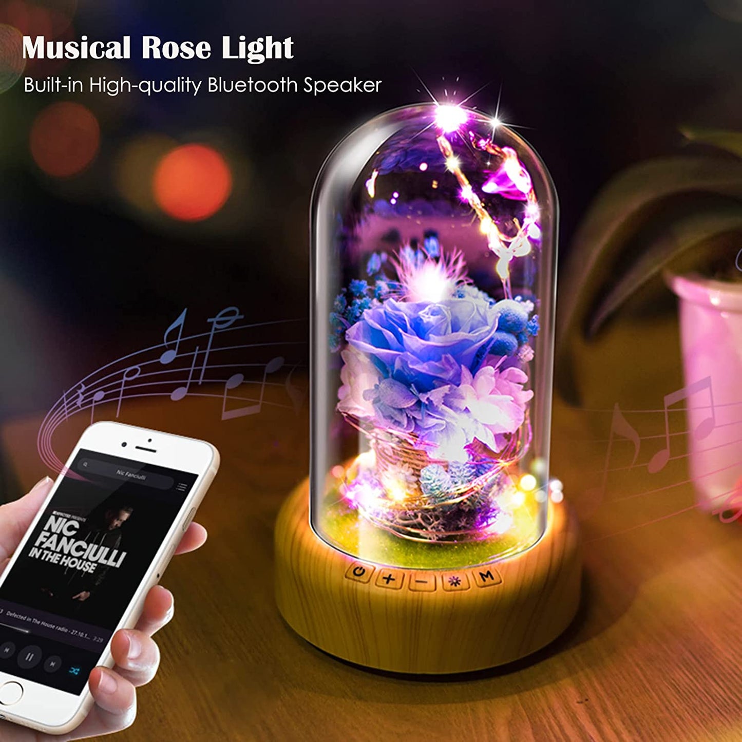 Blue Rose Led Lamp Real Preserved Rose in Glass Dome, Night Light w/ Bluetooth Speaker