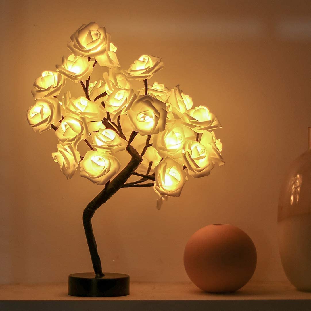 2 Pieces LED Rose Tree Lamp 18" H 32LT LED Artificial Bonsai Tree Night Light, Warm White