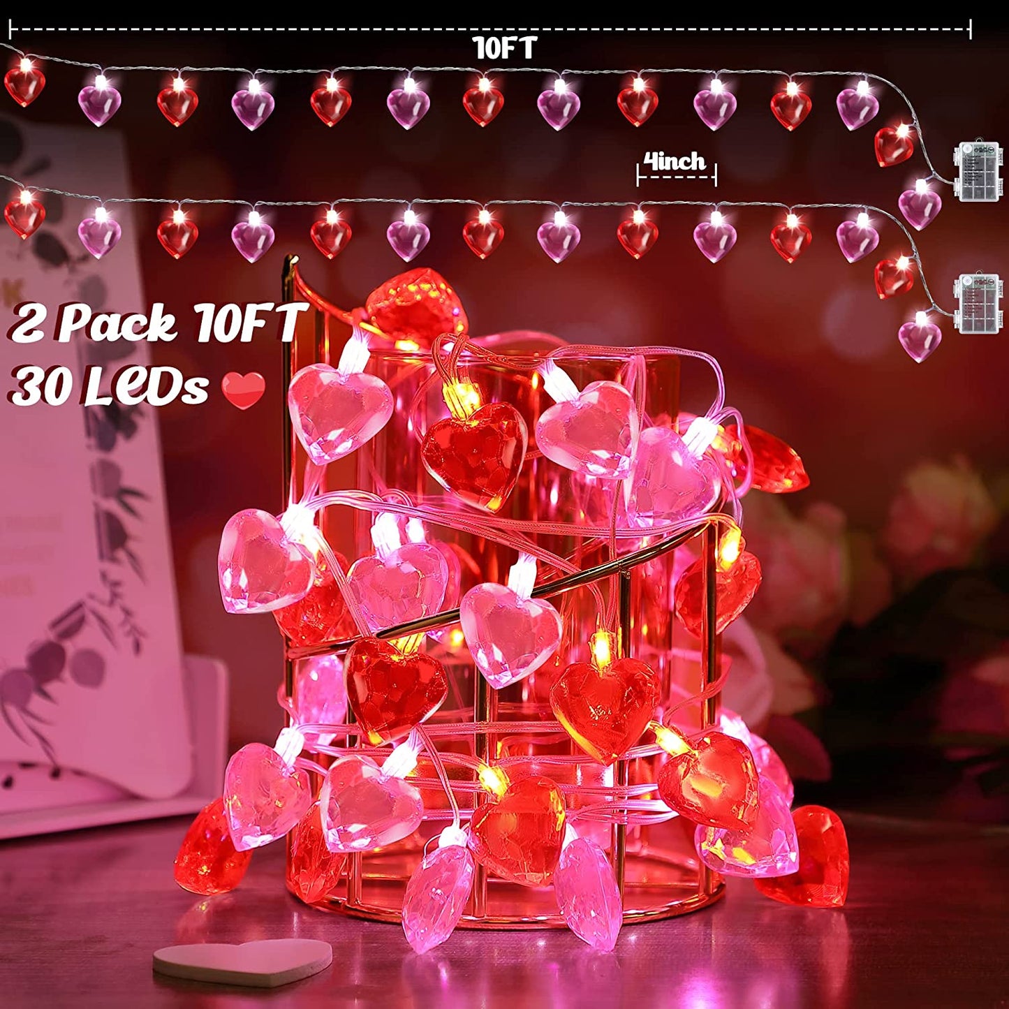 2 Pack Valentines Day Heart String Lights, 60 LED Diamond Cut with Timer, 8 Modes (Red, Pink)