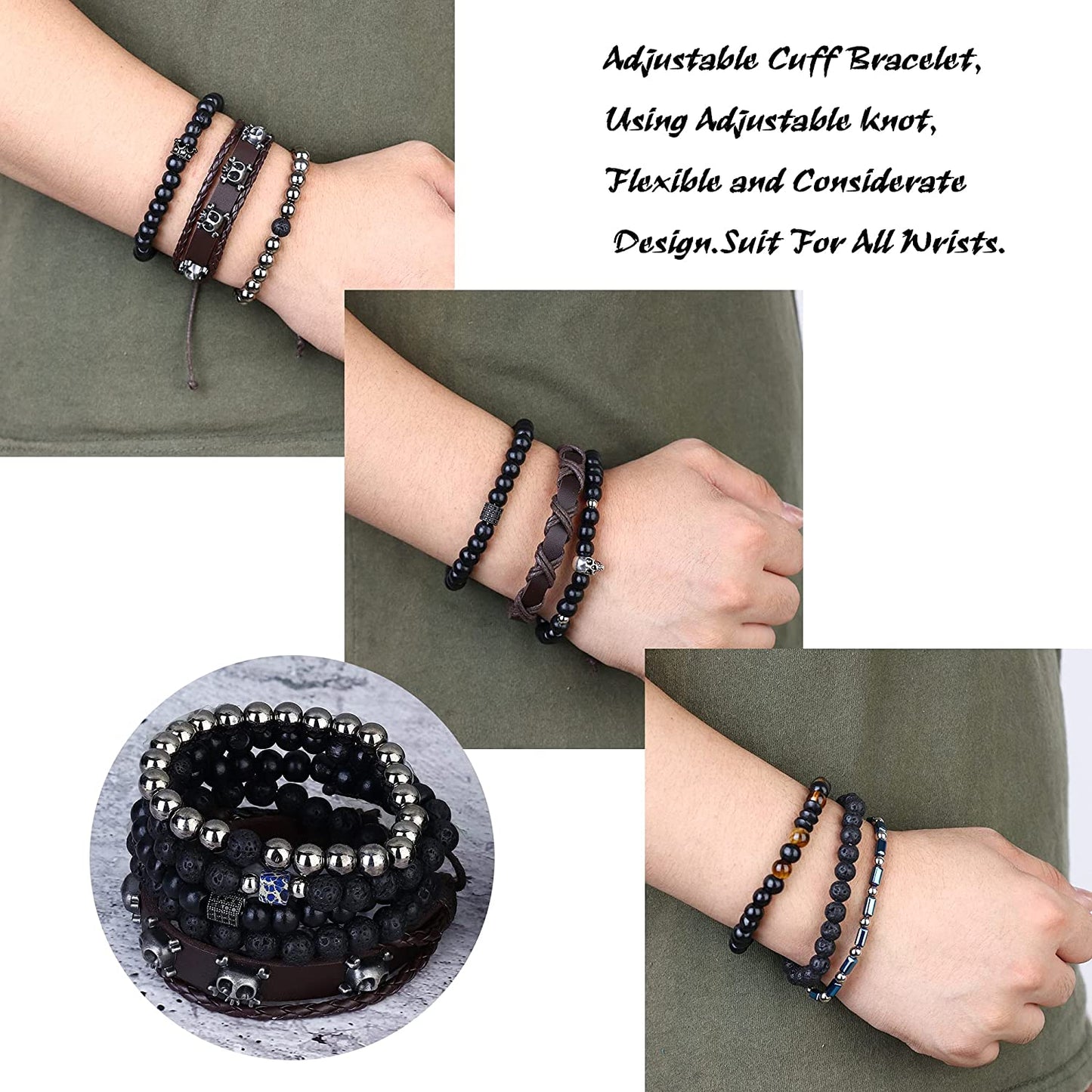 4 Sets Braided Leather Cuff Wood Lava Rock Stone Beads Ethnic Tribal Bracelets