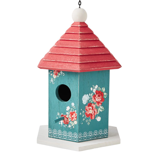 Multi-Color Vintage Floral Wood Birdhouse w/ Removable Roof