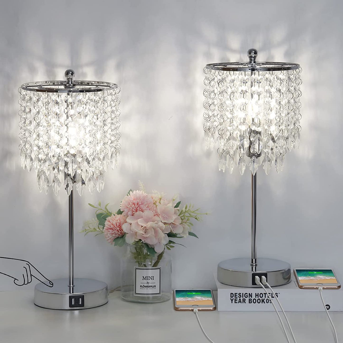 Crystal Touch Control Table Lamp w/ 2 USB Charging Ports