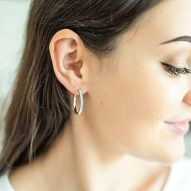 18k White Gold Hoop Female Earrings with Swarovski Crystals