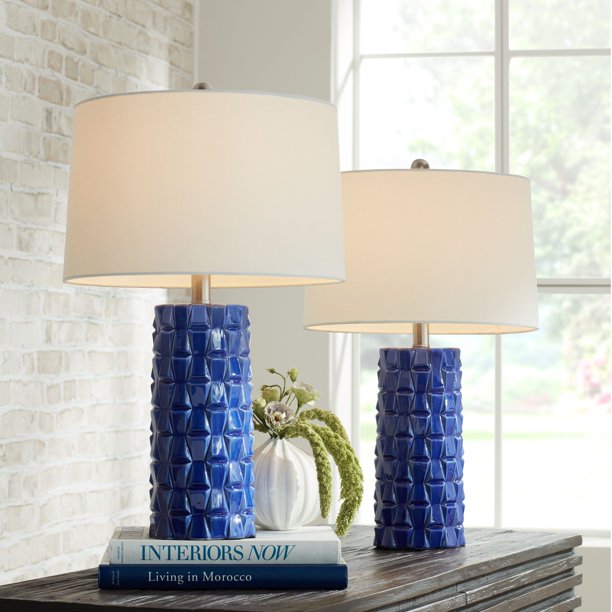 360 Lighting Modern Table Lamps Set of 2 24 1/2" High Blue Glaze Ceramic White Fabric Drum Shade for Bedroom Living Room House Home Bedside Nightstand