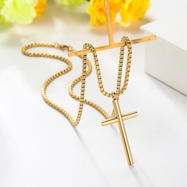 Gold 3D Cross Pendant Necklace Box Chain Choker Religious Jesus Jewelry Amulet