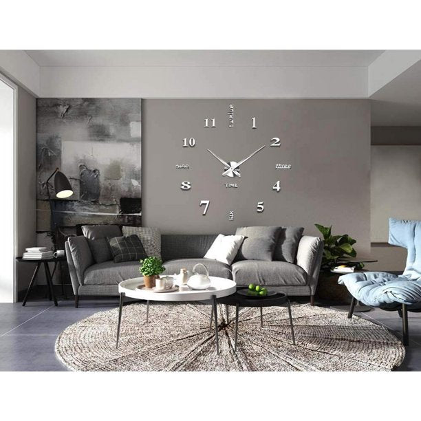 DIY Frameless Large Wall Clock 3D Sticker Modern Mute Mirror Surface Home Office Decoration Gift, Silver