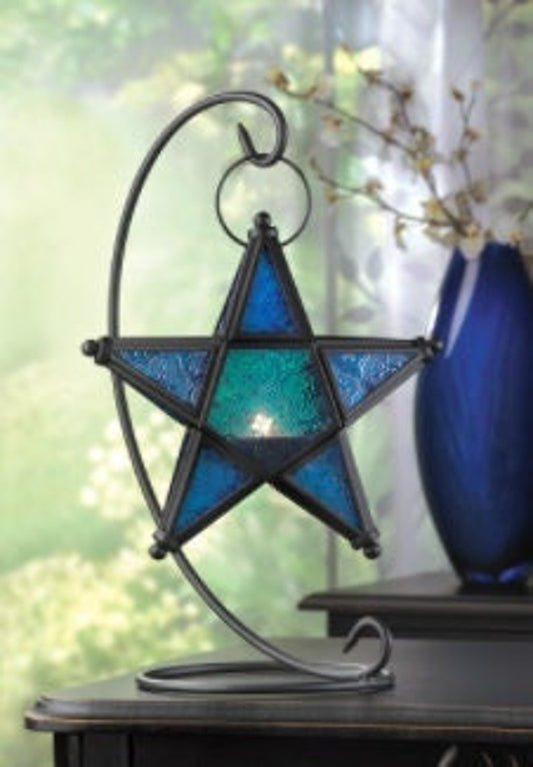 Elegant Sapphire Star Lantern and Glass Candle Holder, Vintage Blue