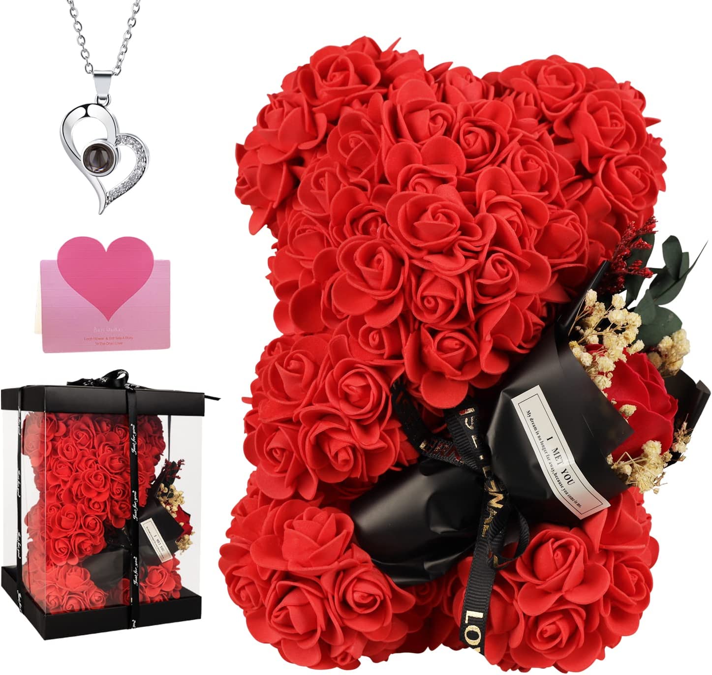 Valentines Day Gifts Red Rose Bear w/ Heart Pendant Necklace