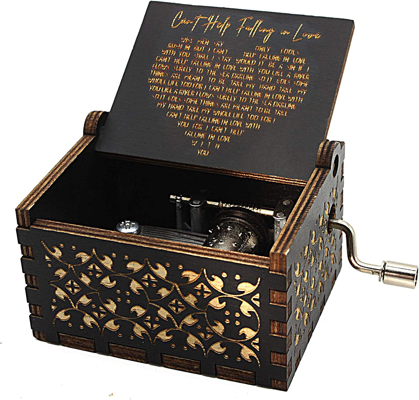 Can't Help Falling in Love Wood Music Box, Antique Engraved Best Gift fort Valentines Day (BLACK)