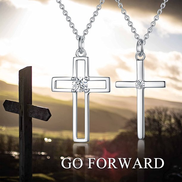 Silver Cross Pendant Necklace w/ Crystal for Couples