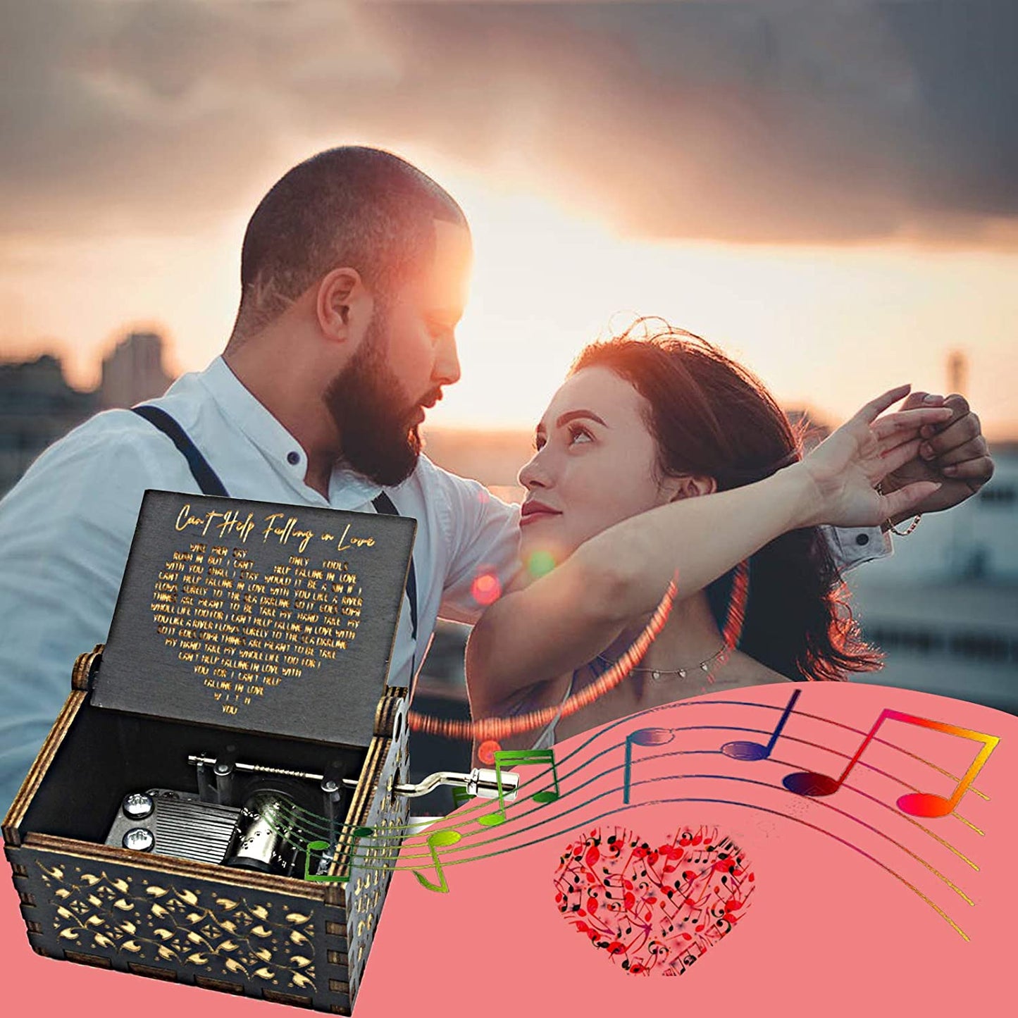 Can't Help Falling in Love Wood Music Box, Antique Engraved Best Gift fort Valentines Day (BLACK)