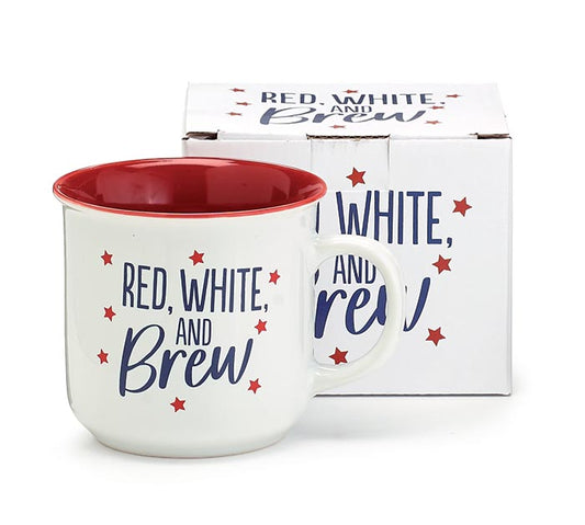 MUG RED WHITE AND BREW WITH RED STARS