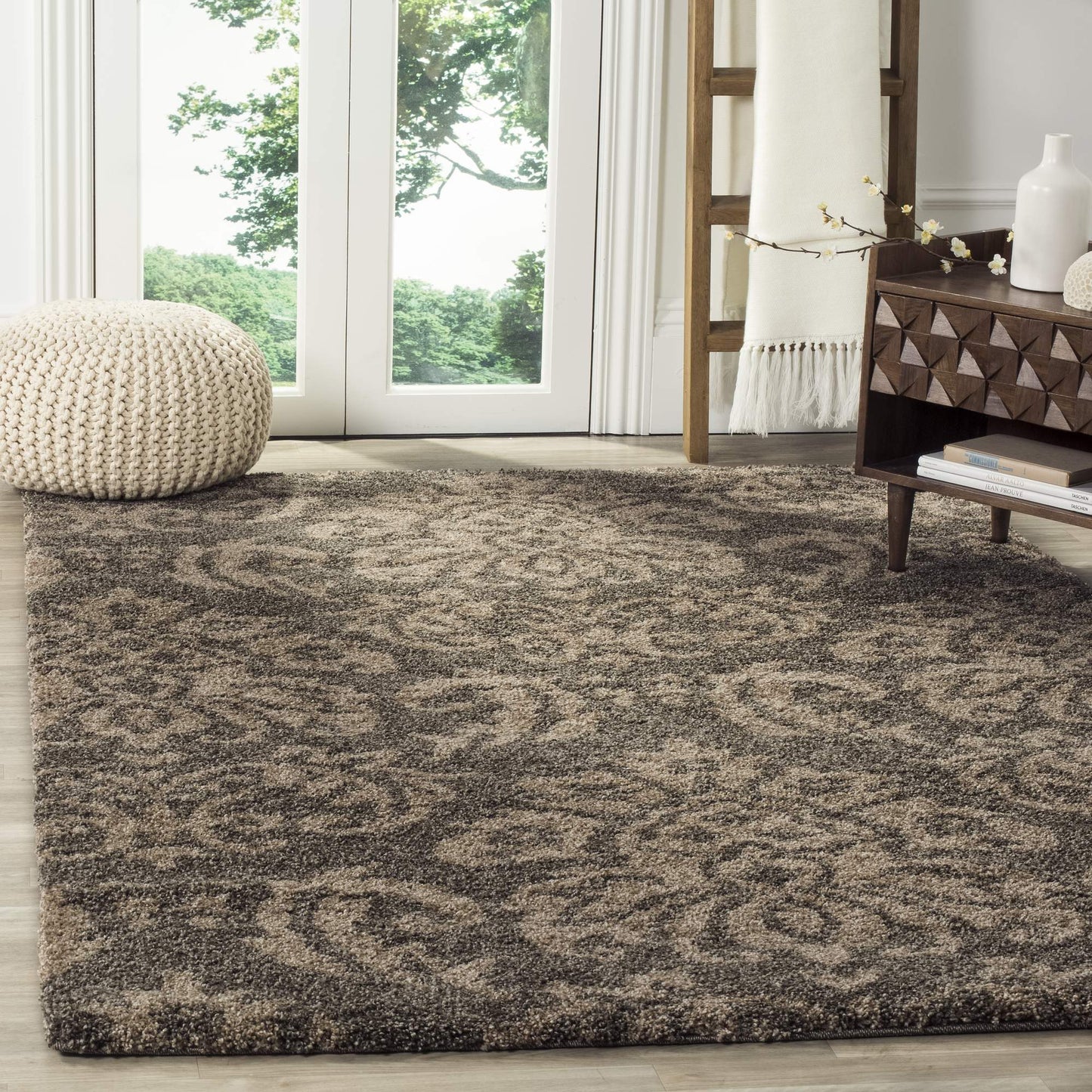 Florida Desmond Damask Plush Shag Area Rug, Smoke/Beige, 3'3" x 5'3"