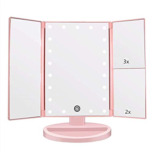 Tri-fold Lighted Vanity Makeup Mirror w/ 3x/2x Magnification, Touch Screen &180 Degree Free Rotation