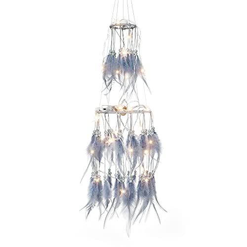 Double Circle Feather Dream Catcher w/ Mobile LED Fairy Lights Wall Ornaments