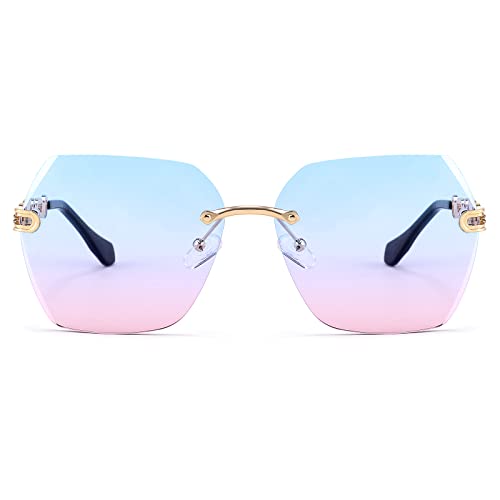 Classic Rimless Sunglasses for Women Metal Frame Diamond Cutting Lens