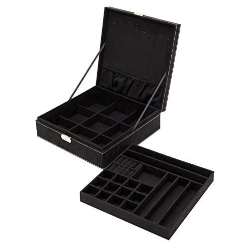 Two Layer Black Jewelry Box Organizer w/ Lock &  Key, Display Case w/ Removable Tray (10.5 x 10.5 inch)