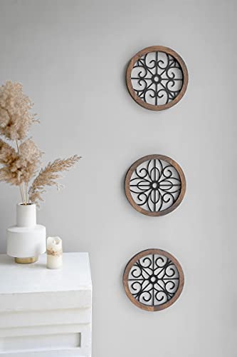 3 Pack Rustic Wall Decoration Round Wall Art Geometric Scrolled Metal w/ Wooden Frame-Brown