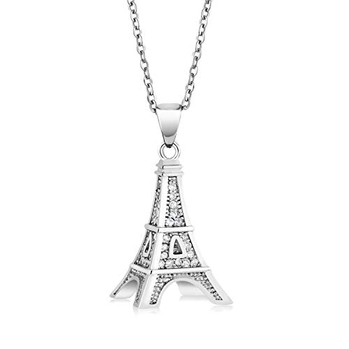 925 Sterling Silver France Eiffel Tower  CZ Pendant Necklace for Women