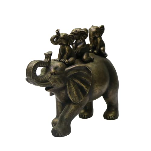 8" H 3 Baby Elephants Riding an Elephant Resin Statue Figurine Home Decoration