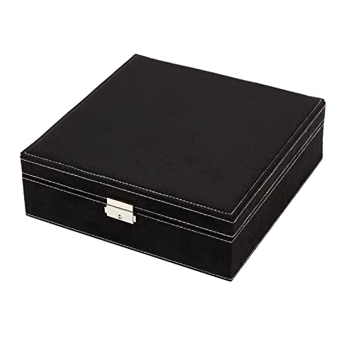 Two Layer Black Jewelry Box Organizer w/ Lock &  Key, Display Case w/ Removable Tray (10.5 x 10.5 inch)