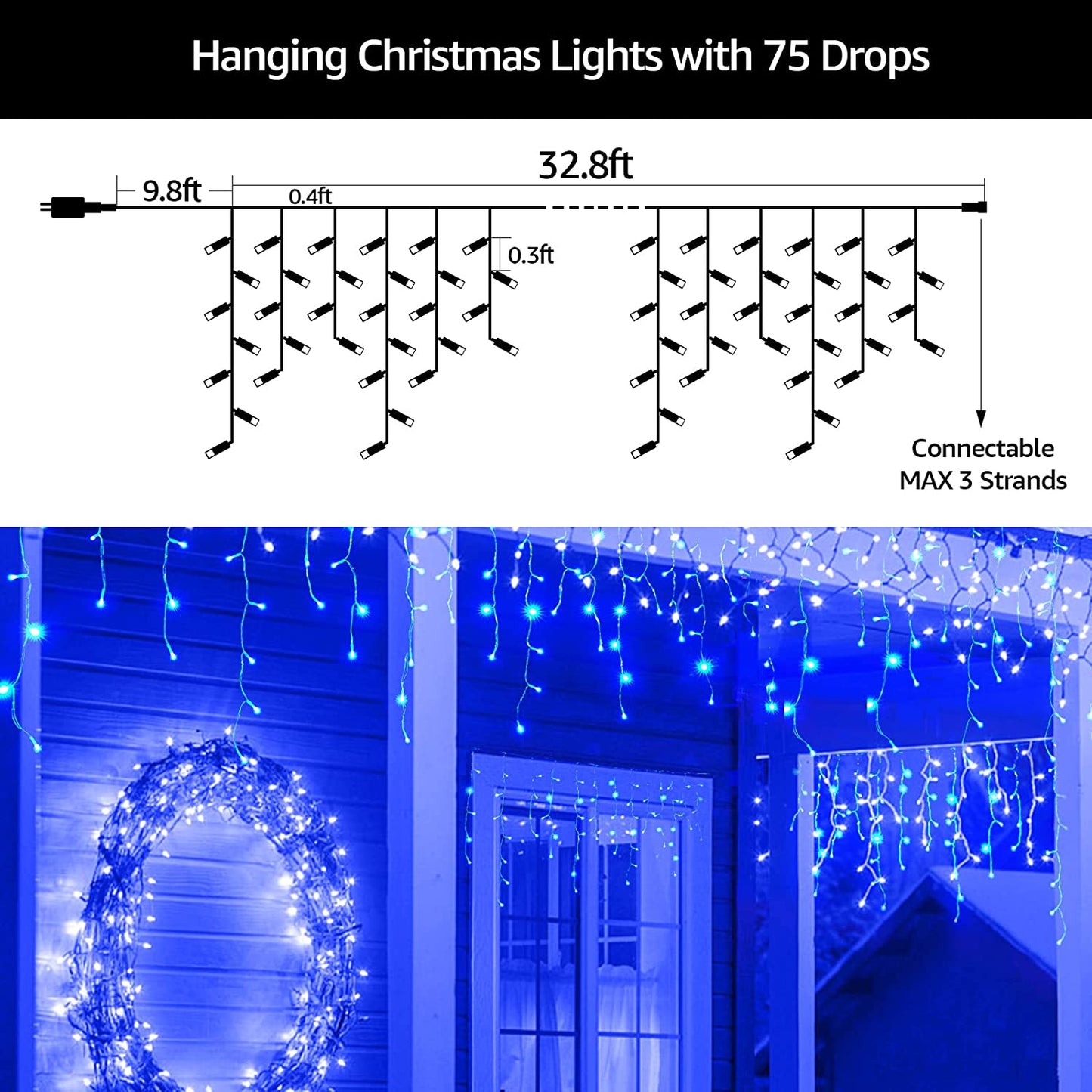 Blue Led Christmas Lights Outdoor Christmas Decorations Hanging Lights 400LED 8 Modes 75 Drops