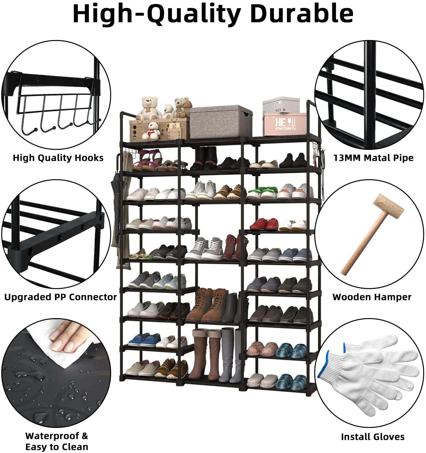 Large Metal Shoe Rack, 50-55 Pairs w/ Hooks-Black