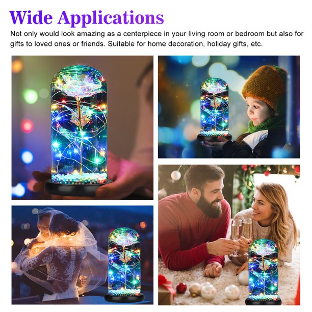 Colorful Galaxy Rose Flower Gift in Glass Dome, Artificial Flower Rose w/ LED Light String