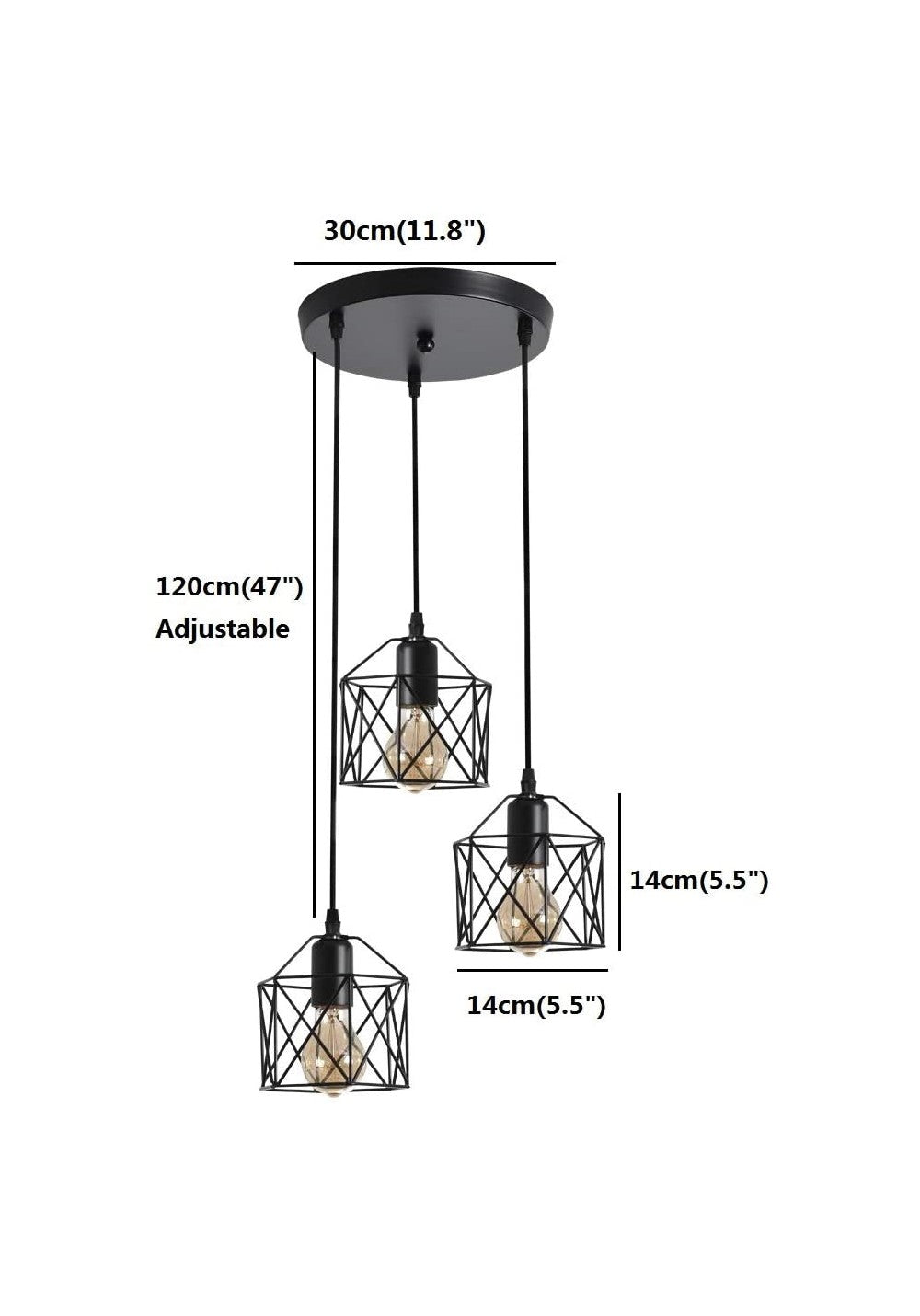 Industrial 3-Light Pendant Light Fixture w/ Metal Cage Shade, Black