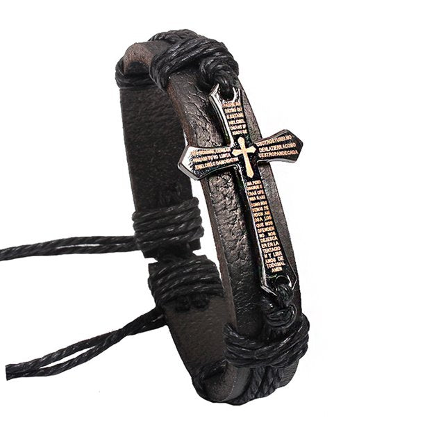 Men Women Cross Decoration Casual Wristband Bracelet PU Leather Braided